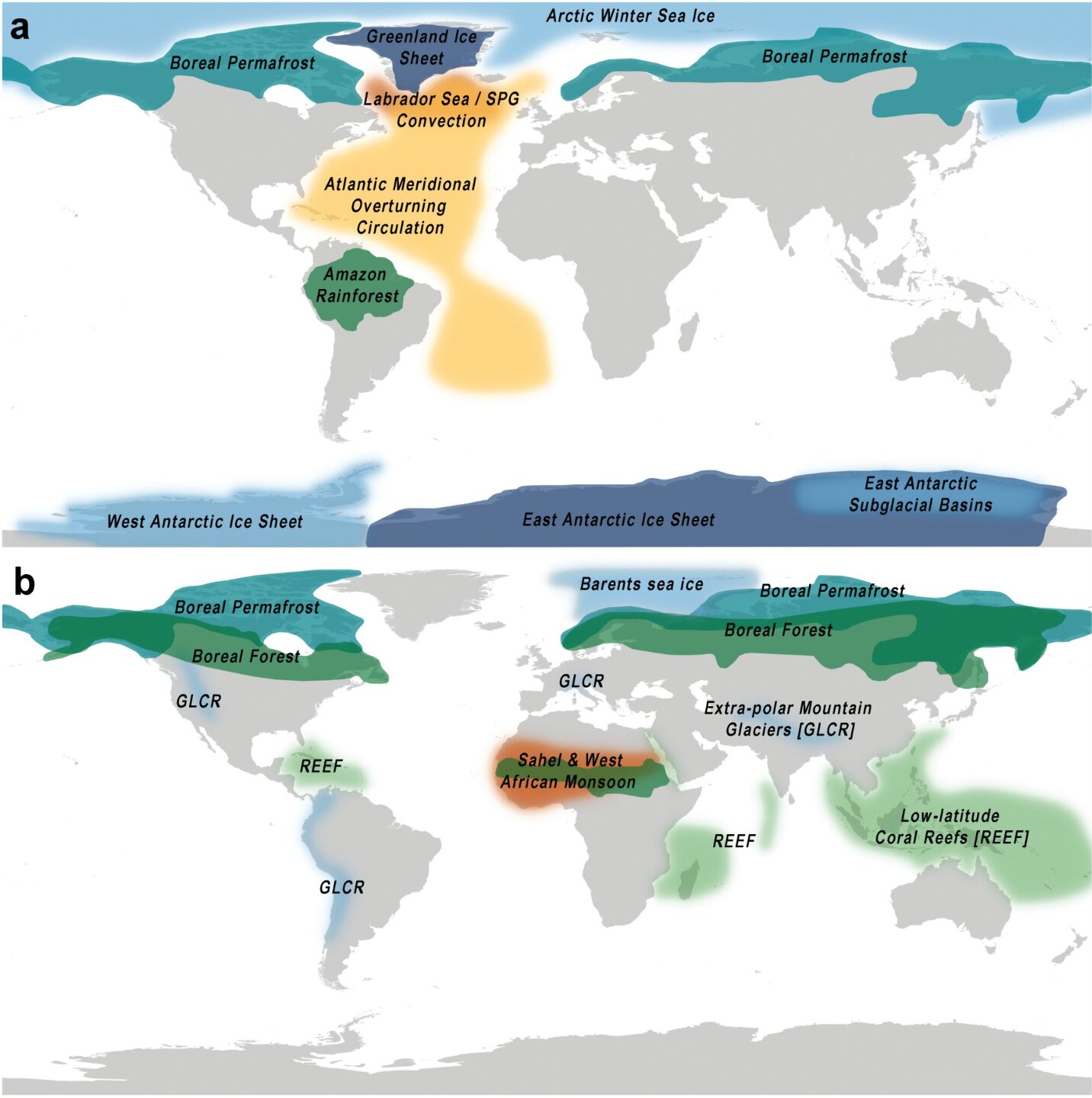  Фото: Earth Commission, PIK, SRC and Exeter University Карты, показывающие «основные» (а) и региональные (б) элементы изменения климата. Синие области представляют элементы криосферы, зеленые - биосферу и оранжевые - океан. 