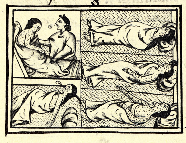  Фото: Wikipedia.org Сопроводительные рисунки к тексту из Флорентийского кодекса (1540—1585 гг.) индеец науа страдает от оспы (эпоха завоеваний испанцами центральной Мексики) 