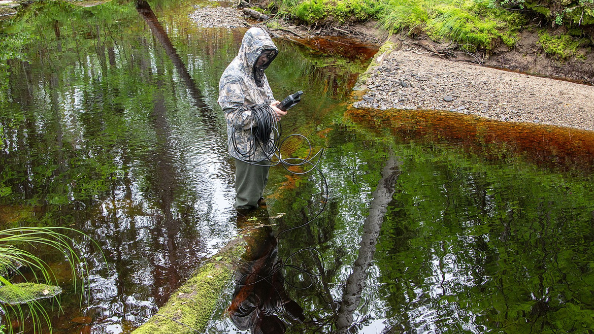 Учёные ФИЦКИА УрО РАН проводят гидробиологические исследования на реке Пележма. Архангельская область, июнь 2020 года.