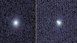 Изображение галактики до (слева) и после того,  как произошел взрыв SN2023tyk. Верхняя левая область галактики справа выглядит выпуклой и деформированной, там, где взорвалась звезда
