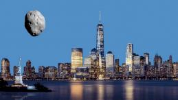 Художественная визуализация размеров астероида 2007 FF1 относительно зданий Нью-Йорка
