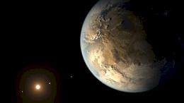 Художественное представление о Kepler-186f, экзопланете размером с Землю, вращающейся вокруг красного карлика в созвездии Лебедя