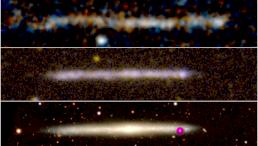 Вверху: изображение "звездного следа" (излучение в ультрафиолетовой части спектра). В центре: ультрафиолетовое изображение IC 5249. Внизу: IC 5249 в видимой части спектра