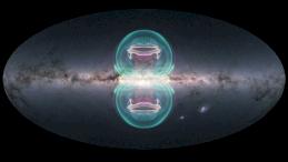 Художественная визуализация пузырей eRosita и Ферми на фоне Млечного Пути.