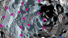 Розовые круги - вероятный эпицентр мощного лунотрясения, голубой - предполагаемое место посадки "Артемиды"