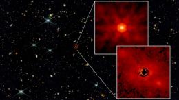 Изображение с «Джеймса Уэбба» показывает квазар J0148, обведенный красным. Вставки: сверху - центральная черная дыра, снизу — излучение от галактики
